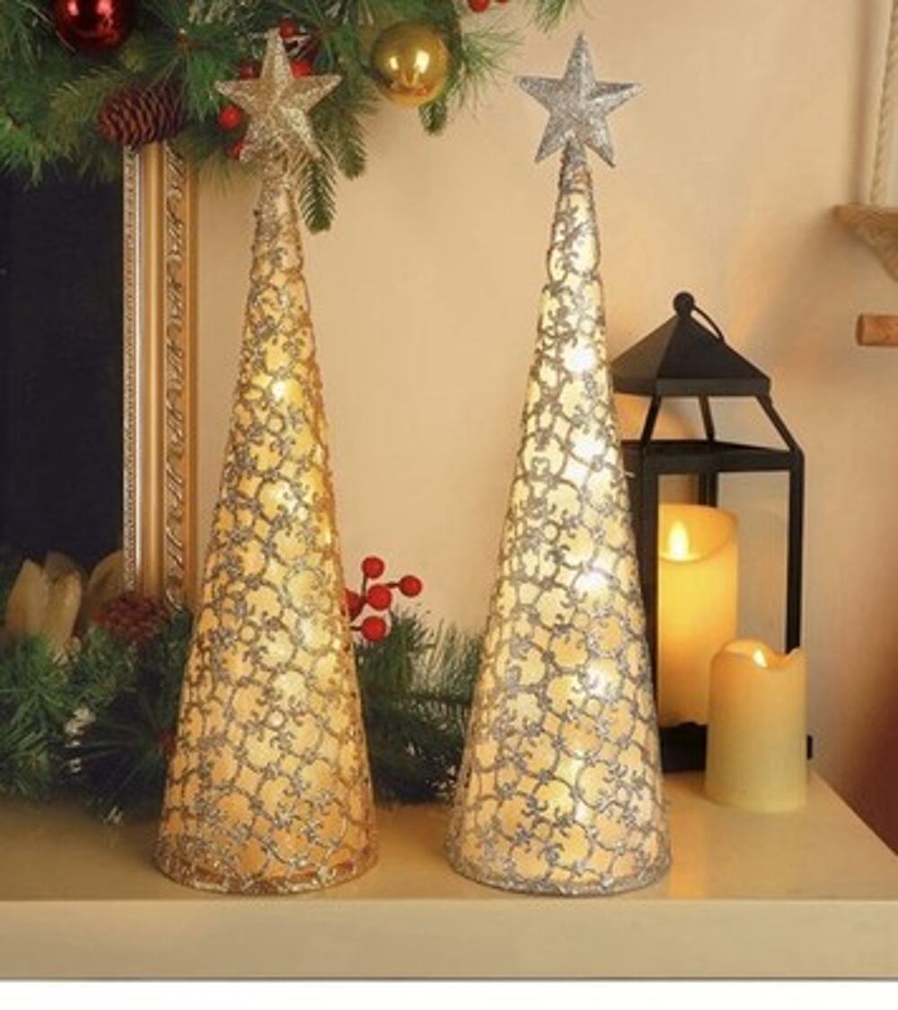 Set of 2 Lighted Christmas Table Decor 14.7” Gold, Silver)